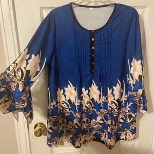 Floral Blue Blouse with Button Detail